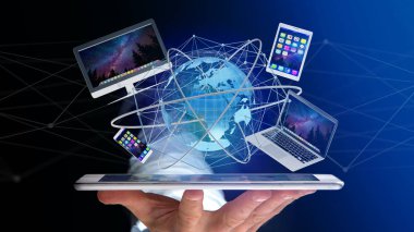 Bir bilgisayar ve uluslararası ağ - 3d render ile bir smartphone arabiriminde gösterilen aygıtlar tutan bir işadamı görünümünü