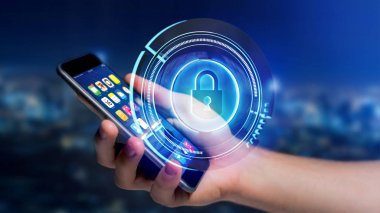 Bir işadamı bir parlak teknolojik soyunma güvenlik düğmesi - 3d render ile bir smartphone kullanarak görünümünü