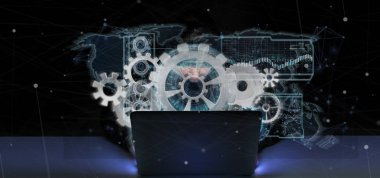 Bir Hacker bir teknoloji arabirimi 3d render tutan adam görünümünü