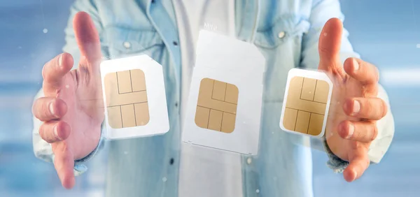 Ansicht eines Geschäftsmannes mit unterschiedlicher Größe einer Smartphone-Sim-Karte 3d-Rendering — Stockbild Ansicht Eines Geschäftsmannes Mit Unterschiedlicher Größe Einer Smartphone Sim Karte — Stockfoto