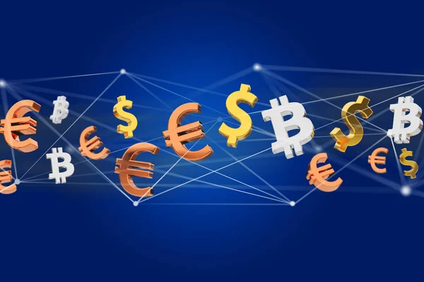 View Dollar Euro Bitcoin Signs Flying Network Connection Render — Stock Photo, Image