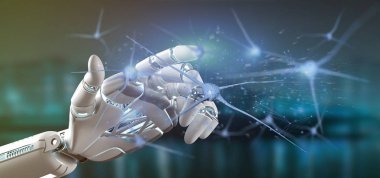 Nöron 3d render bir grup tutan bir Cyborg el görünümünü