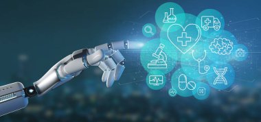 Tıbbi bir simgesi ve bağlantı 3d render tutan bir Cyborg el görünümünü