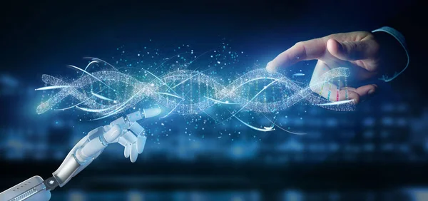 View Cyborg Hand Holding Dna Branch Rendering — Stock Photo, Image