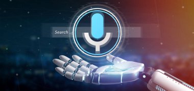 Düğme ve simge 3 boyutlu bir odak arama sistemini elinde tutan bir Cyborg elin görüntüsü
