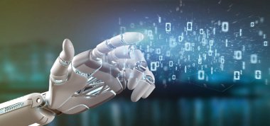 Bir veri ikili bulut 3d render tutan bir Cyborg el görünümünü 