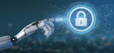 Bir teknoloji güvenlik simgesi üzerinde bir daire 3d render tutan bir Cyborg el görünümünü