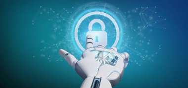 Bir teknoloji güvenlik simgesi üzerinde bir daire 3d render tutan bir Cyborg el görünümünü