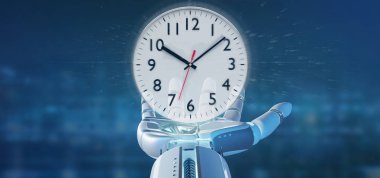 Bir saat zamanlayıcı 3d render tutan bir Cyborg el görünümünü