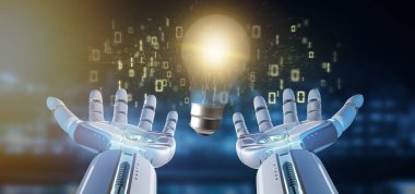 Bir ampul lamba fikir kavramı her yerinde 3d render verilerle tutan bir Cyborg el görünümünü