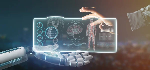 Zicht Een Cyborg Hand Met Een Futuristische Template Medische Interface — Stockfoto