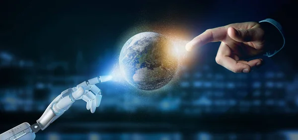 Vedere Unei Mâini Cyborg Care Deține Redare Particulelor Globului Pământului — Fotografie, imagine de stoc