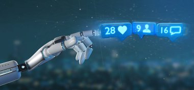 Cyborg el gibi sosyal ağ - 3d render üzerinde takipçisi ve mesaj bildirim holding