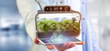 Bağlı bir dijital bitkisel bitki tutan bir Businesmann görünümünü  