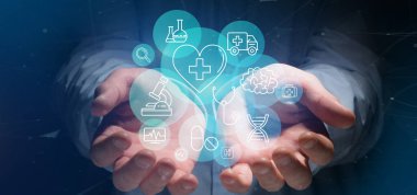 Tıbbi simge ve bağlantı 3 boyutlu görüntüleme yapan bir işadamı görüntüsü