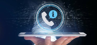 Bir müşteri ve yardım hattı hizmet düğmesini 3d render tutan bir işadamı görünümünü