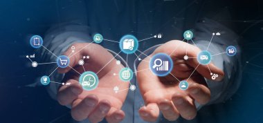 Görünüm simgesi ve bağlantı 3d render ile bir lojistik organizasyon tutan işadamı