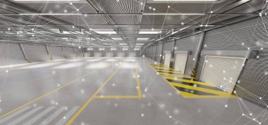 Bir bağlantı üzerinden bir ambar mal stok arka plan 3d render görünümünü