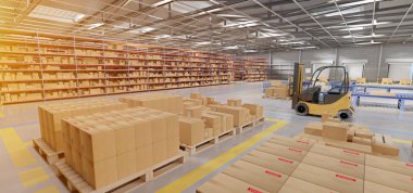 Bir ambar mal stok arka plan 3d render görünümünü