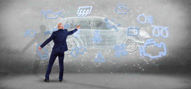 Bir smartcar kavramı 3d render tutan bir adam görünümü