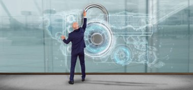 Bir kalkan web güvenlik kavramı 3d render tutan bir adam görünümü