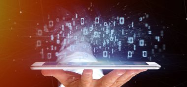 Görünümü veri ikili bulut 3d render tutan bir adam 