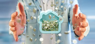 Sikke üzerinde tüm 3d render çevreleyen ile bir ev servet tutan bir adam görünümü