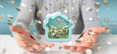 Bir anahtar ve ev 3d render tutan bir adam görünümü