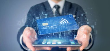 Temassız kredi kartı ödeme kavramı 3d render tutan bir adam görünümü