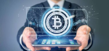 Bir teknoloji Bitcoin simgesi üzerinde bir daire 3d render tutan bir adam görünümü