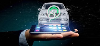Bir elektrik smartcar kavramı 3d render tutan bir adam görünümü