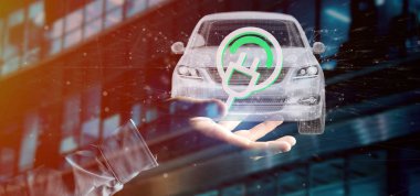 Bir elektrik smartcar kavramı 3d render tutan bir adam görünümü