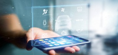 Bir pano smartcar arabirimi Pano 3d render tutan bir adam görünümü