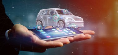 Checkings 3d render ile bir Smartcar tutan bir adam görünümü