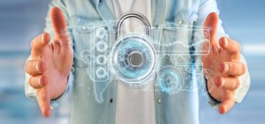 Bir asma kilit güvenlik teknoloji arabirimi 3d render tutan bir adam görünümü