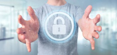 Bir asma kilit web güvenlik kavramı 3d render tutan bir adam görünümü