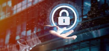 Bir asma kilit web güvenlik kavramı 3d render tutan bir adam görünümü