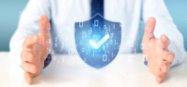 Bir kalkan web güvenlik kavramı 3d render tutan bir adam görünümü