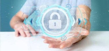 Bir kalkan web güvenlik kavramı 3d render tutan bir adam görünümü