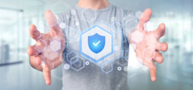 Bir kalkan web güvenlik kavramı 3d render tutan bir adam görünümü