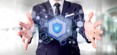 Bir kalkan web güvenlik kavramı 3d render tutan bir adam görünümü