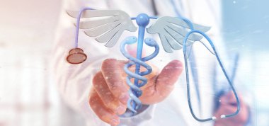 Holding bir 3d redering tıbbi cadaceus ve stetoskop bir doktor görünümünü