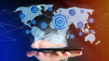 -3d render harita görünümü bir işadamı bir akıllı telefon ile ağ bağlı bir dünya kullanma.