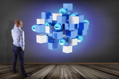 Bir futuristik bir arayüze mavi ve beyaz küp oluşturma 3D Görünüm