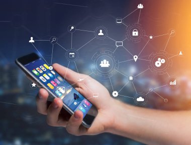 İş ağ bağlantısının teknoloji simgesi - dünya çapında iş kavramı futuristik bir arabirim üstünde görüntülenen görünüm