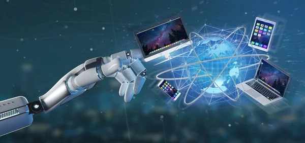 View of a Cyborg hand holding a Computer and devices displayed on a futuristic interface with international network  - 3d rendering