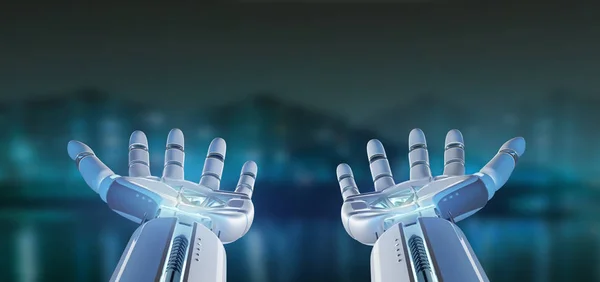 Utsikt Cyborg Robot Hånd Bybakgrunn Gjengivelse – stockfoto