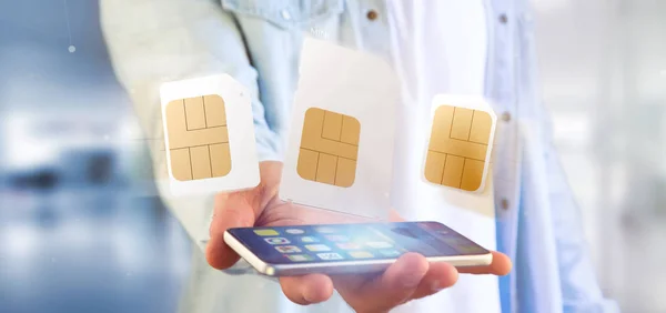 View Businessman Holding Different Size Smartphone Sim Card Rendering — Stock Photo, Image