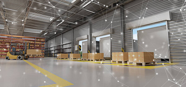 View of a Connection over a warehouse goods stock background 3d rendering