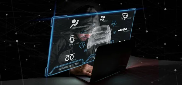 View of a Hacker Man holding an smartcar concept  3d rendering